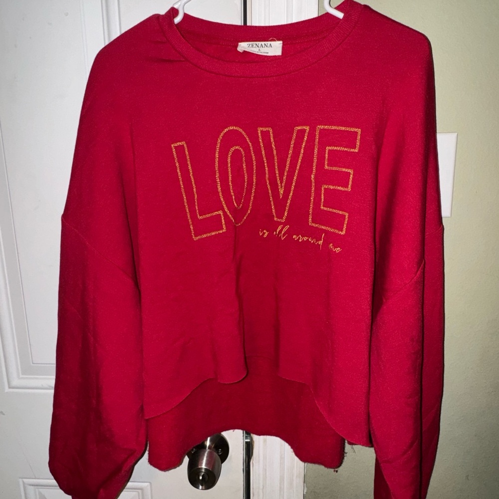 Zenana Cropped Sweatshirt Ebrodiered LOVE Sz L SOFT